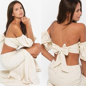 NEW Just Bee Queen Liza Bow Tie Crop Top in Linen Blend Oatmeal Cream